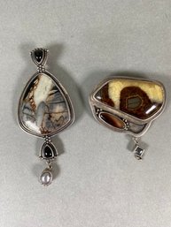 Two Sterling Silver Stone Pendant Broaches With Multi Colored