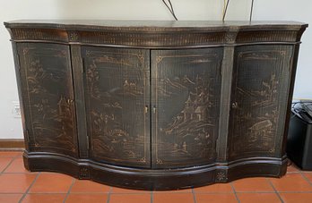 Ethan Allen Black Lacquered Chinoiserie Decorated Vivianne Serpentine Console With Gold Painted Accents