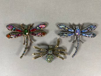 Dana K Rhinestone Dragonfly Brooches With Matching Rhinestone Spider Brooch