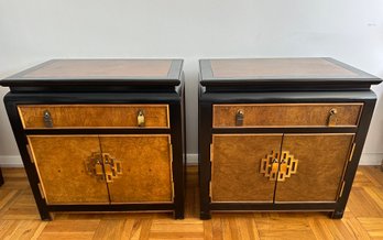 Century Furniture Midcentury Hollywood Regency Chinoiserie Burlwood And Ebonized  Bedside Cabinets