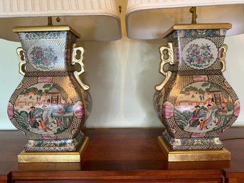 Pair Of Chinoiserie Style Porcelain Table Lamps, Modern