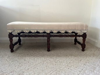 Antique Jacobean Style Turned Bench With Custom Upholstered Seat