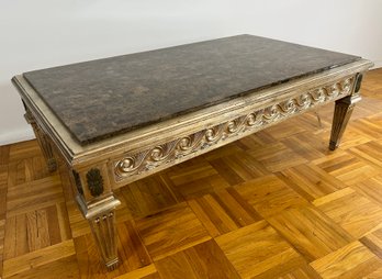 Italian Neoclassical Style Silvered Carved Wood Coffee Table With Faux Stone Top