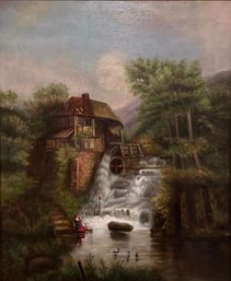 Artist Unknown, Oil On Canvas Pastoral Painting Of A Gristmill