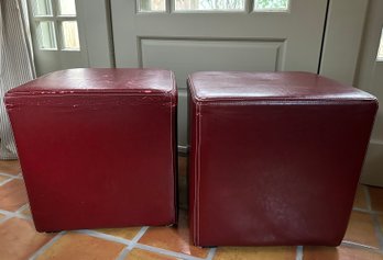 Pair Of Square Red Leather Ottomans