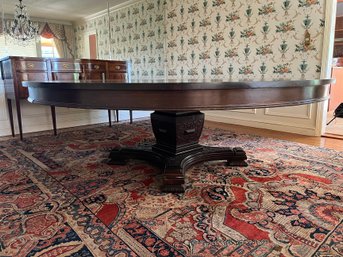 Gothic Revival Style Round Dining Table With Carved Pedestal, Circa 1940