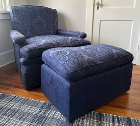 Blue Damask Upholstered Armchair And Ottoman