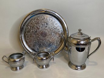 National Silver Company Perma Brite Chrome Coffee Pot, Sugar Bowl Creamer And Tray