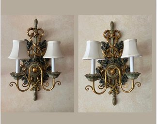 Pair Of Italian Baroque Style Wood Carved And Paint Decorated Two Light Sconces, Circa 1960