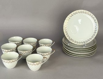 Set Of 8 Lefton China Golden Laurel Japan Luncheon Snack Plate And Cup, Circa 1960