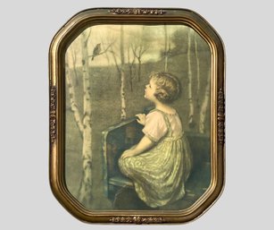 Vintage Reproduction Print, Framed Girl Watching Bird In Tree