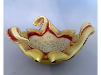 Murano Glass Bowl In Red And Yellow With Gold And Bubbles, 1950-1960