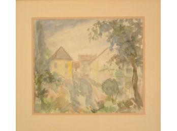 Provincial Village Watercolor, Signed Conrad, Mid-20th Century