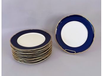 Set Of 12 Blue Dinner Plates With Scalloped And Gold Beaded Edge