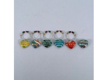 Six Murano Glass Heart Shaped Multi Color Drink Markers