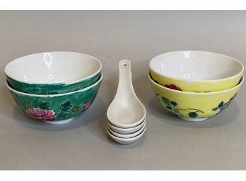 Painted Rice Bowls With Spoons