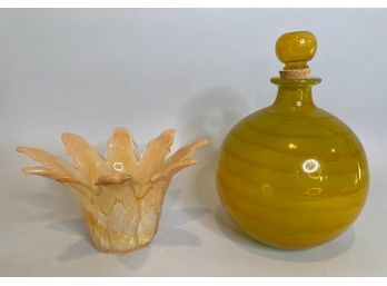 Art Glass (possibly Murano) Orange Decanter With Orange Votive Candle Holder