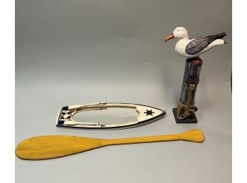 Three Boating Themed Decorative Pieces-Boat Mirror, Wooden Seagull, And Wooden Oar