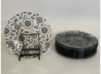 Set Of 12 Clear Glass Dessert Plates With Black Floral Motif