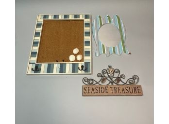 Three Beach-Themed Decorative Pieces-Seaside Treasures Sign, Mirror,  And Cork Board