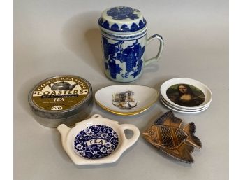 Chinese Blue And White Mug With Tea Strainer And Collection Of Tea Bag Rests
