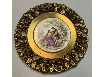 Vintage Rococo Style Porcelain Plaque After Fragonard's Lovers In A Brass Repousse Frame