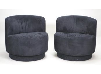 Pair Of Milo Baughman Style Velvet Swivel Bucket Chairs In Dark Navy, 20th Century