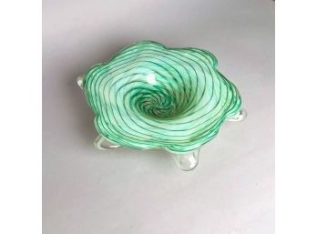 Murano Glass Bowl Or Ash Tray In Clear Glass With Green Filigree