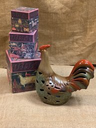 Ceramic Rooster With Stackable Decorative Box Trio