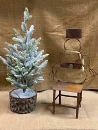 Flocked Tree In A Basket With Rustic Metal Snowman - Wnter Decor