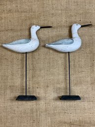 Two Wood Carved Sea Birds On Stands