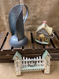 Galvanized Lantern, Wood Fence Decor & Ceramic House