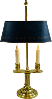 French Louis XVI Style Gilt Brass Bouillotte Lamp With Tole Shade & Brass Feather Design Finial