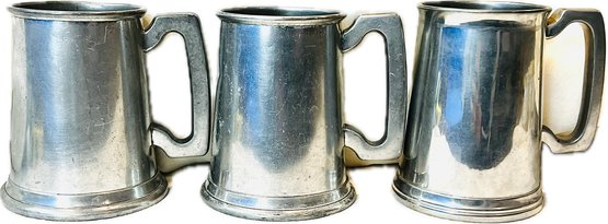 Set Of Three English Pewter Tankards - Signed On Base 'Raimond Viners' & 'Worcester Silver Company'