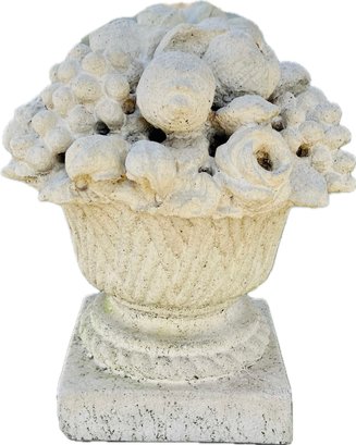 Vintage Topiary - Cast Stone Garden Urn With Flowers & Fruits - Garden Statuary