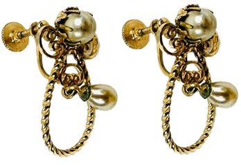 Vintage Gold Tone Twist Back Earrings With Interior Dangle Tear-Drop Pearl