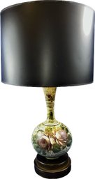 Mid Century Hand Painted Glass Lamp With Brass Base & Black Shade