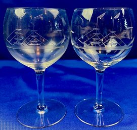 Clipper Ship Etched Crystal Wine Goblets - Tall Ship Design