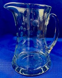 Mid Century Clear Glass Acid Etched Polka Dot Design - Water Pitcher - Elegant Applied Glass Handle