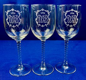 Vintage Wee Burn CC Wine Glasses With Acid Engraved Logo Design & Twisted Glass Stems