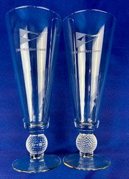 Vintage Yacht Club Glass Pilsners With Acid Etched Logo & Frosted Golf Ball Stem