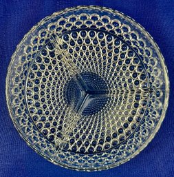American Pressed Glass Three-Part Divided Relish Dish With Repeating Bubble Pattern Surface