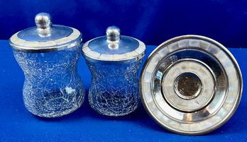 Shell Inlaid Soap Dish With Two Matching Lidded Glass Containers