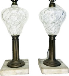 Pair Of Vintage Glass & Brass Lamps With Marble Bases