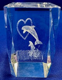 Crystal Prism Paperweight With Dolphins & Heart