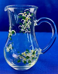 Clear Glass Hand Painted Pitcher - Signed On Base 'Cottage Borne Originals - Hand Painted - Stamford, CT'