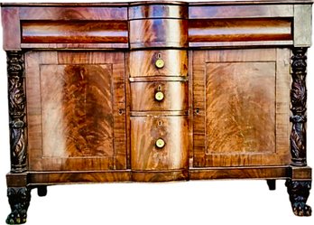 Antique American Empire Side Board With Paw Feet, Flame Mahogany Panels, Intricate Carving, Brass Fittings