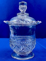 Early American Pattern Glass Covered Container With Pedestal Base