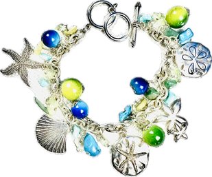 Beaded Silver Tone Charm Bracelet With Toggle Clasp