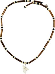 Wooden & Beaded Necklace With Shark's Tooth Charm - Silver Tone Screw Clasp
